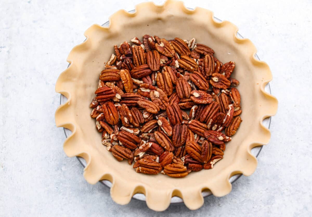 Chocolate pecan pie is a sweet, decadent dessert with a buttery crust filled with gooey caramel, crunchy pecans, and rich chocolate. It's the perfect pie to share this Thanksgiving. It will knock your family's socks off! Overhead shot of pecans lining the bottom of a pie crust.