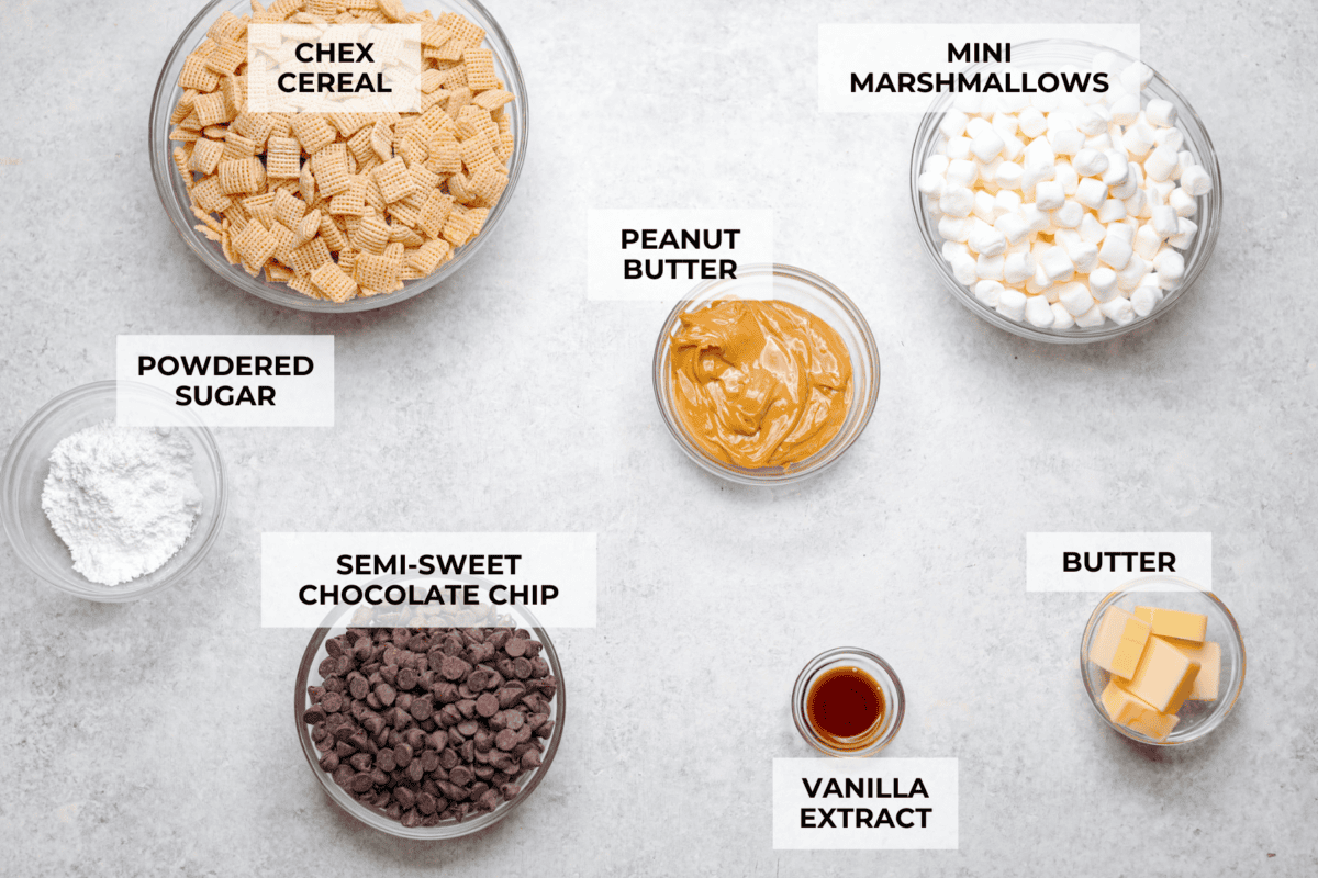 These tasty Muddy Buddy Bars are a fun twist on the classic snack mix. Crunchy cereal is surrounded by sweet marshmallows, chocolate, and peanut butter. These bars are a fun new way to enjoy this classic flavor combination. Overhead shot of labeled ingredients.