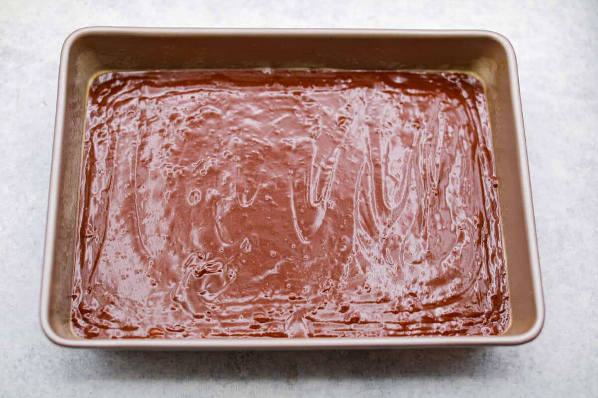 Chocolate Mayonnaise Cake is a rich, moist, and decadent dessert that’s super easy to make! The mayonnaise adds extra moisture and creates a soft, tender crumb. Whether for a special occasion or just because it's sure to impress! Overhead shot of the cake batter poured into the prepared cake pan.