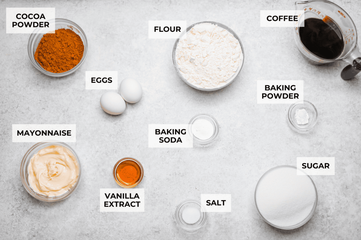 Chocolate Mayonnaise Cake is a rich, moist, and decadent dessert that’s super easy to make! The mayonnaise adds extra moisture and creates a soft, tender crumb. Whether for a special occasion or just because it's sure to impress! Overhead shot of labeled ingredients.
