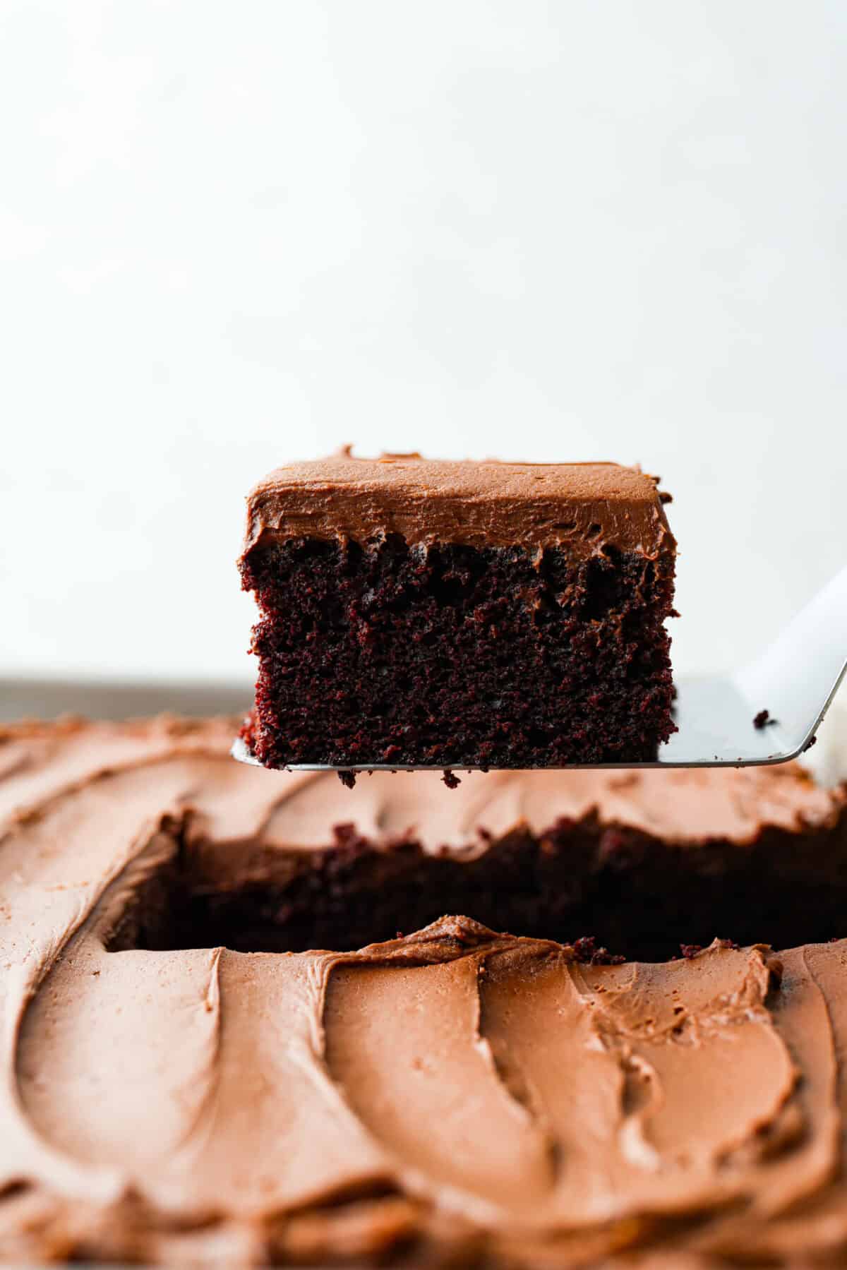 Chocolate Mayonnaise Cake is a rich, moist, and decadent dessert that’s super easy to make! The mayonnaise adds extra moisture and creates a soft, tender crumb. Whether for a special occasion or just because it's sure to impress! Side shot of a piece of cake being lifted out of the chocolate mayonnaise cake on a spatula.